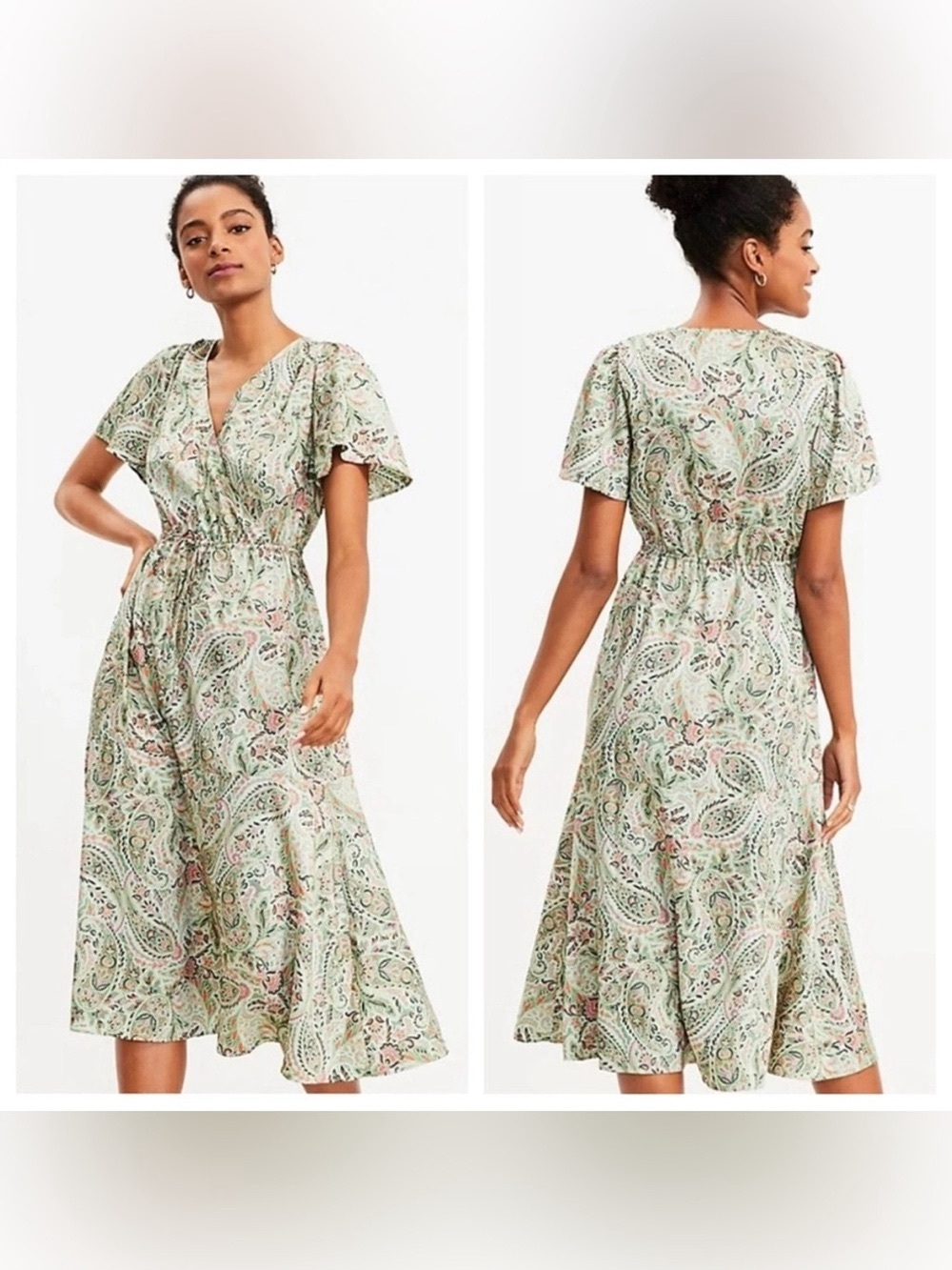 LOFT Sage Green Paisley Faux Wrap Midi Dress NWT